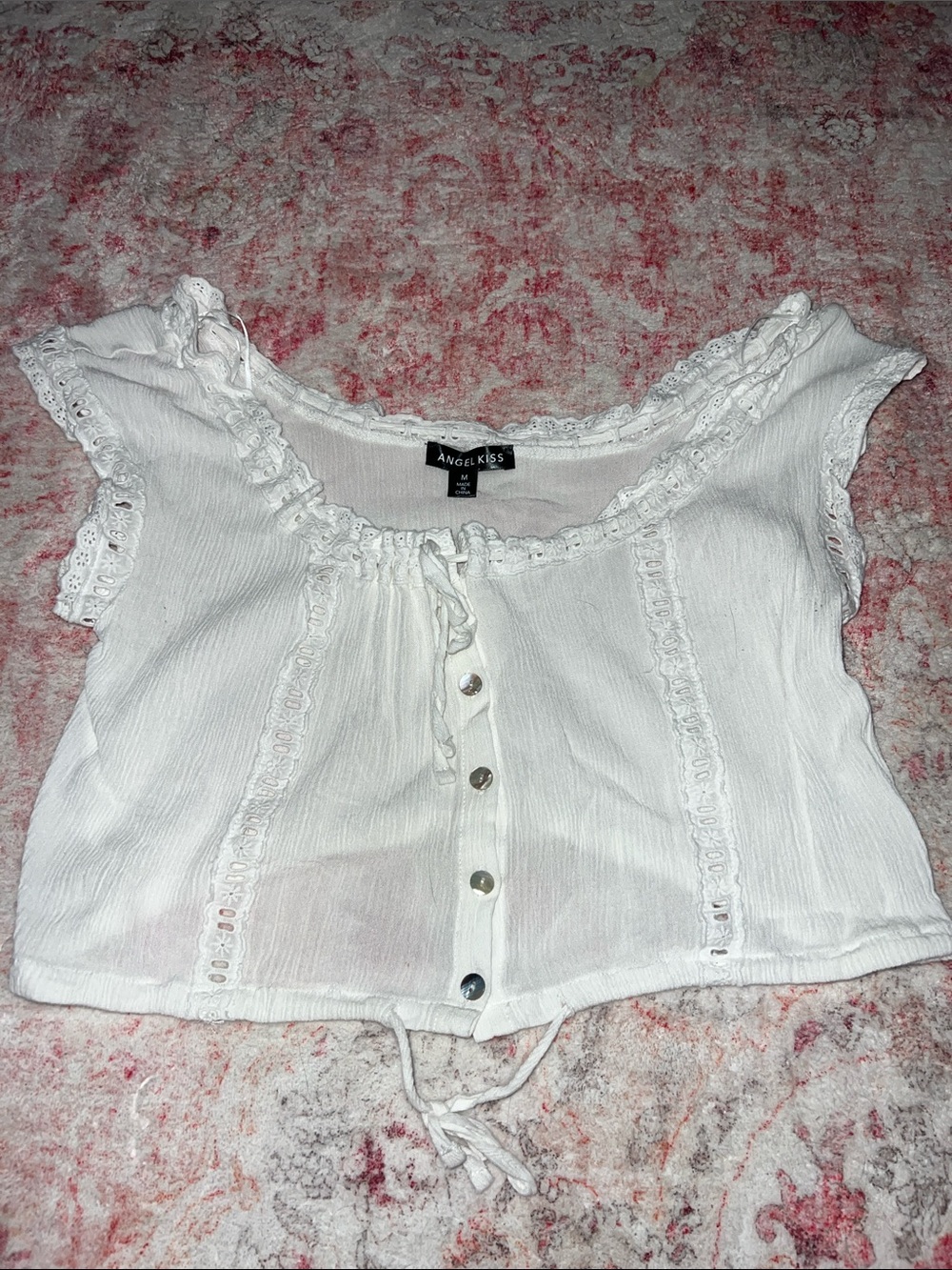 Angel Kiss White Cropped Lace-Trim Top